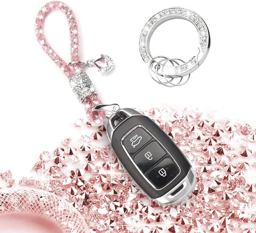 Vista 3 de Jawmoy Paquete de 1 llavero brillante para automóvil, accesorios de llavero de diamantes de imitación, llavero de cristal de metal (rosa)