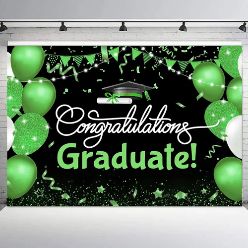 Vista 11 de Telón de fondo de graduación de 5 x 3 pies para sesión de fotos, globos negros y dorados, felicitaciones, graduados, clase de 2025, felicitaciones
