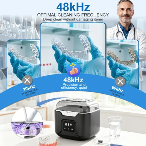 Vista 2 de Ultrasonic Retainer Cleaner Machine, 48kHz Ultrasonic Dentures Cleaner with Timer & 4 Modes, 240ML Dental Pod for Mouth Guards, Braces, Aligner