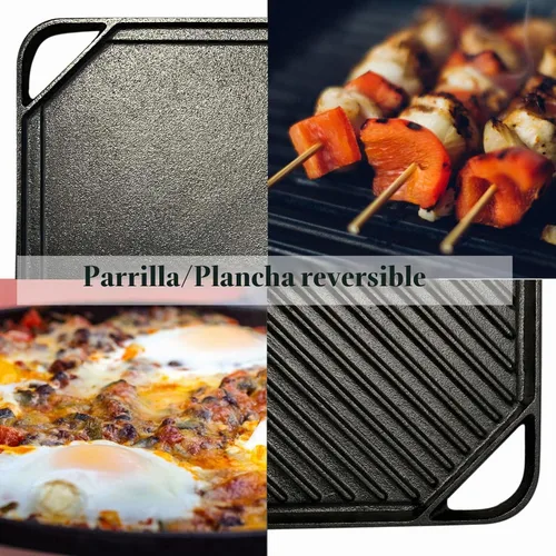 Vista 4 de Parrilla/plancha reversible de hierro fundido, parrilla de cocina de hierro fundido de doble mango de 10.5 pulgadas