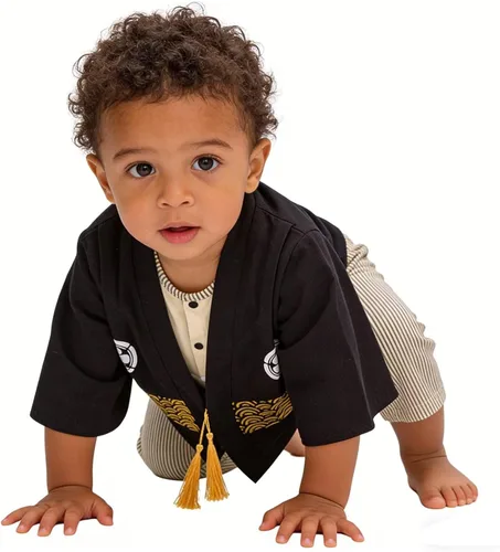 Vista 5 de Traje de kimono para bebé, traje japonés, trajes de algodón samurái para bebés Beige