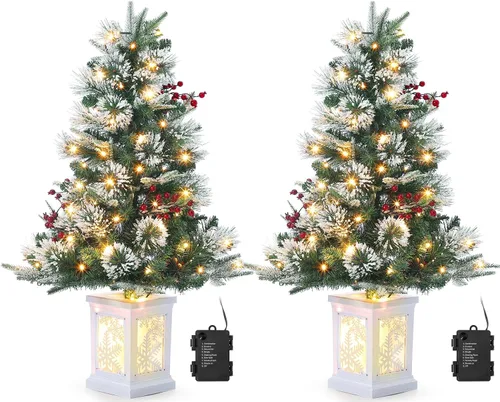 Vista 11 de Árbol de Navidad artificial preiluminado de 3 pies, árbol de Navidad de nieve flocada premium con LED blanco cálido, mini árbol de Navidad Base