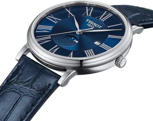 Vista 5 de Tissot Carson Premium Gent Moonphase 316L Reloj de cuarzo suizo con caja de acero inoxidable para hombre azul cuero 20 T1224231604300 Azul Reloj
