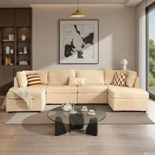 Vista 39 de Ovios - Sofá modular con diván en forma de U y otomanas, cómodo y mullido, tapizado en pana estilo nube, moderno, asiento profundo, juego de sofás