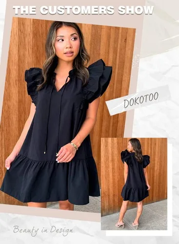 Vista 5 de Dokotoo Vestido corto de verano para mujer con cuello en V, cordón y volantes, manga corta, bolsillos laterales, mini vestido de verano