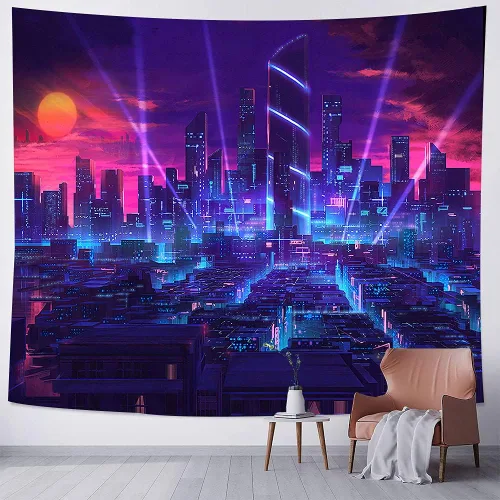 Vista 8 de Aidatain Tapiz de ciudad punk con paisaje urbano fresco para niños, tapiz tecnológico de franela de tamaño pequeño de 60 x 40 pulgadas, tapiz