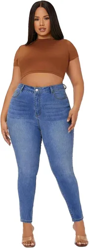 Vista 5 de KISSPLUS Pantalones de mezclilla ajustados de talla grande para mujer, cintura alta, lápiz de cintura alta, elásticos, pantalones de mezclilla