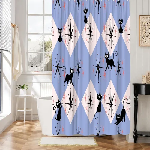 Vista 6 de Mid Century Atomic Black Cat Shower Curtain Blue Modern Abstract Geometric Minimalist Funny Boho 1950s Fabric Bathroom Decor Curtain with