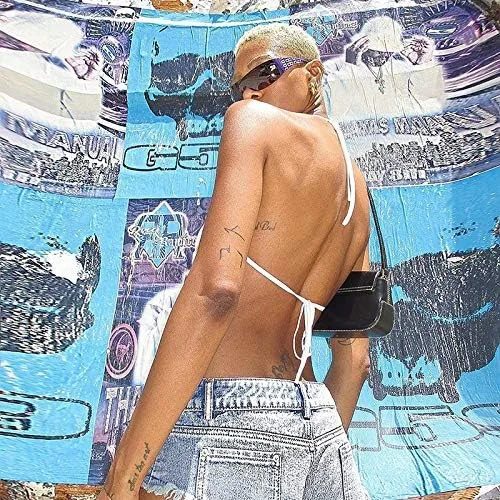 Vista 6 de Blusa ombliguera de encaje con retazos para mujer, sexy cuello en V, tirantes delgados, que se transparenta, moda del año 2000 para chicas