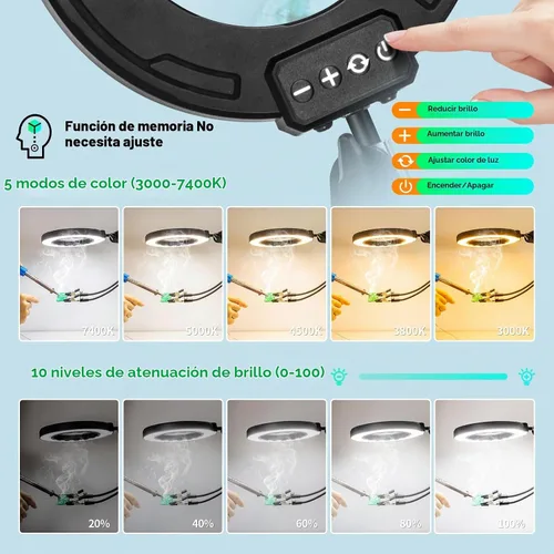 Vista 5 de Lupa ultra larga de 3 secciones con brazo de 3 secciones con luz y soporte, lupa iluminada LED con manos que ayudan Lámpara de escritorio