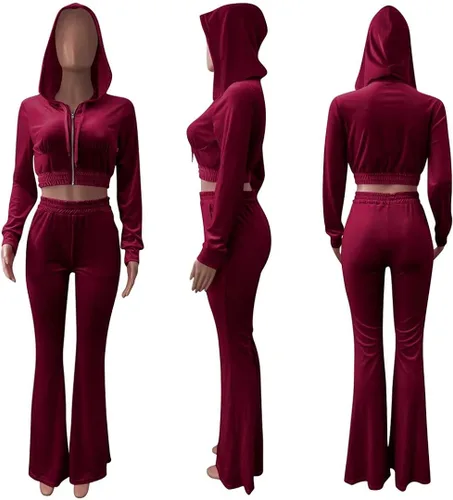 Vista 5 de Conjunto de 2 piezas de terciopelo para mujer con capucha y cremallera con bolsillos
