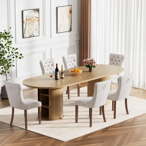 Vista 39 de Mesa de comedor redonda extensible de 94 pulgadas con base de almacenamiento, mesa de comedor expandible natural para 10, mesa de comedor de madera