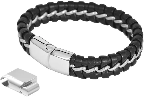Vista 2 de Magna Steel Pulsera trenzada de cuero genuino para hombre con cierre magnético
