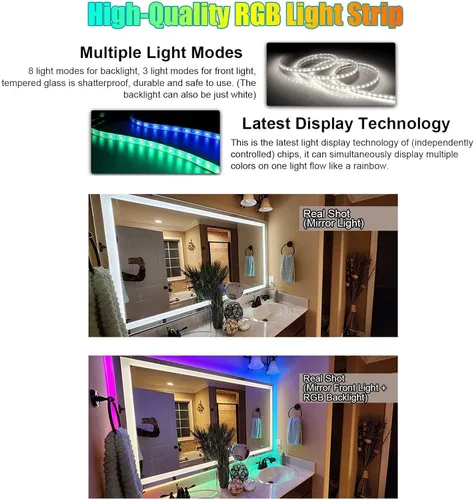 Vista 5 de Espejo LED para baño, espejo rectangular LED HD con 8 colores retroiluminados regulables + 3 colores frontales, control táctil, antivaho, función