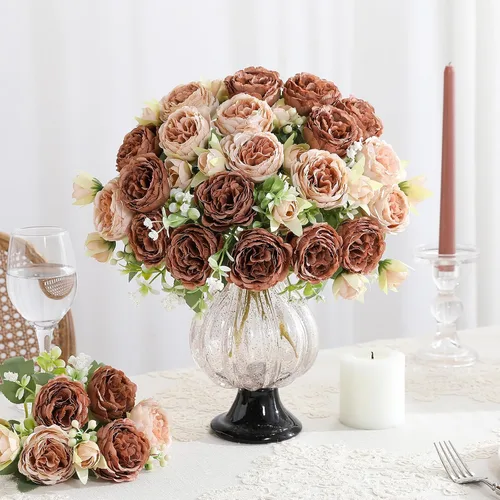 Vista 4 de 2 racimos de flores artificiales de peonía beige, ramo de peonías de seda para bodas, fiestas, centros de mesa, arreglos florales, decoración