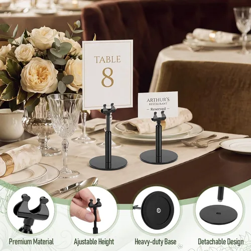 Vista 3 de Kathfly Juego de 12 soportes negros para números de mesa, ajustables, de metal, con clip de arpa, soporte de tarjeta desmontable para bodas