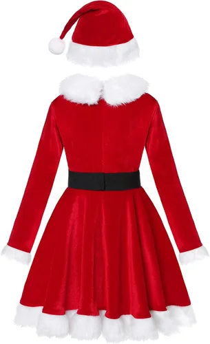 Vista 2 de Koatobbor Disfraz de señora Santa para niñas, vestido rojo, disfraz de Navidad con sombrero y cinturón