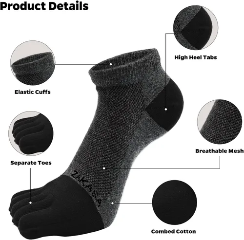 Vista 3 de ZAKASA Calcetines de tobillo para hombre, atléticos, para correr, de algodón, de cinco dedos, de malla transpirable, talla 8-12 (5 pares)