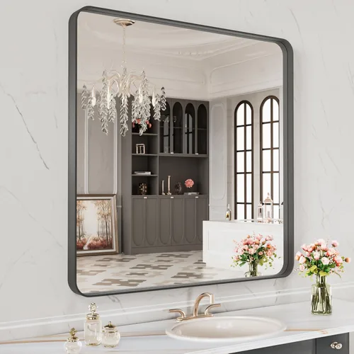 Vista 60 de LOAAO 20x16 Pulgadas Espejo de Baño con Marco de Metal Negro para Pared, Espejo de Tocador de Baño de Estilo Granja, Espejo Grande Rectangular