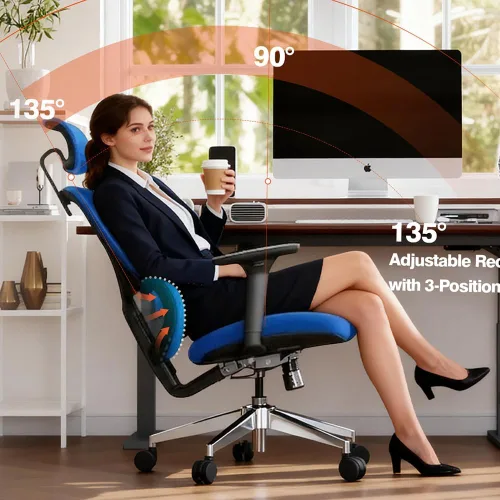 Vista 5 de Silla de oficina ergonómica, silla de escritorio de respaldo alto con apoyabrazos 4D, silla giratoria reclinable de 135° con bloqueo de inclinación