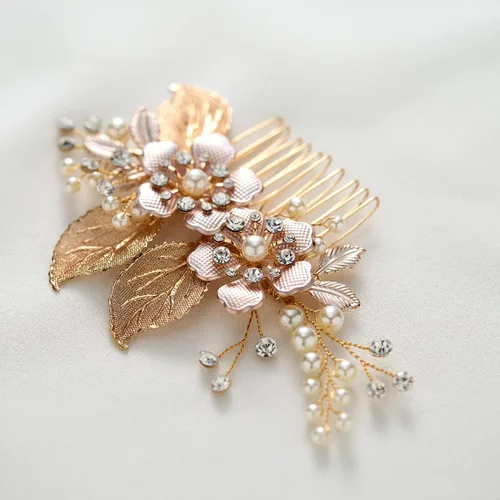 Vista 6 de SWEETV Peine de pelo de boda dorado hecho a mano, clip de pelo nupcial para boda, accesorios para el cabello