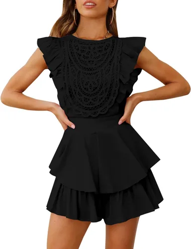 Vista 2 de AIMCOO Enterizo de manga con vuelo y encaje de ganchillo para mujer, vestido con cuello redondo y lazo en la cintura, overoles cortos con volantes