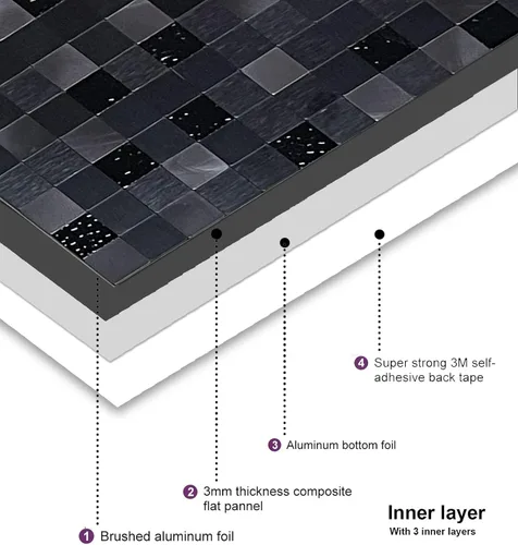 Vista 2 de Panel de 10 hojas autoadhesivas 3D para cocina, paneles autoadhesivos de mosaico de aluminio metálico para pared, 11.81 x 11.81 x 0.15 pulgadas, 4.8