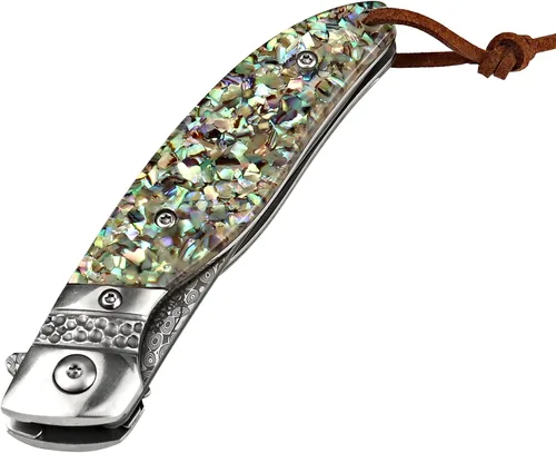 Vista 7 de Albatross Cuchillo de Bolsillo Premium de Damasco - Cuchillo Plegable EDC con Mango de Concha de Abalone, Apertura con Rodamientos de Bola, Sistema