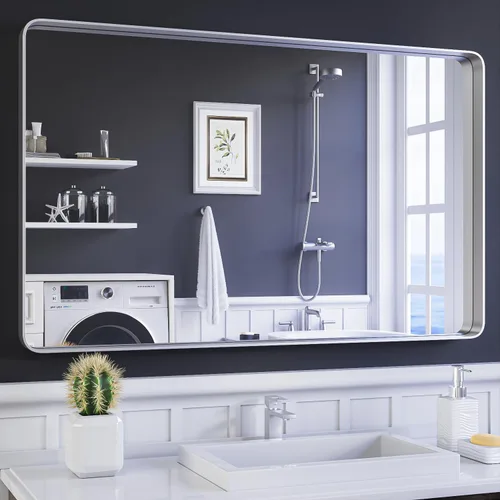 Vista 10 de ISKM Espejo con marco negro para pared de 20 x 16 pulgadas, espejo de tocador de baño antioxidante, vidrio templado, espejo rectangular redondeado