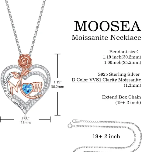Vista 6 de MOOSEA Mom Necklace for Women, Moissanite Diamond Side Stone Rose Heart Birthstone Necklace 18K White Gold Vermeil Interlocking Heart Necklace for