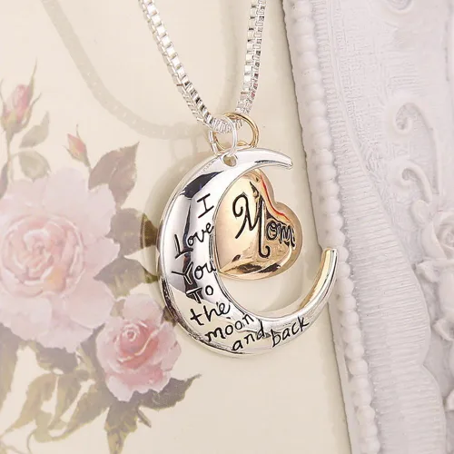 Vista 3 de Collar de regalo de Navidad para madre Acción de Gracias con texto en inglés I love you to the moon and back colgante del día de San Valentín