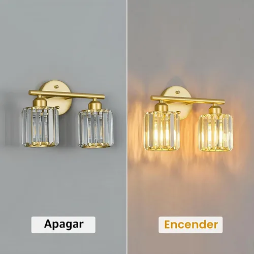 Vista 6 de Lámpara de tocador moderna de cristal de 2 luces, accesorio de luz vertical dorada para baño sobre espejo para mesa de tocador y fregadero