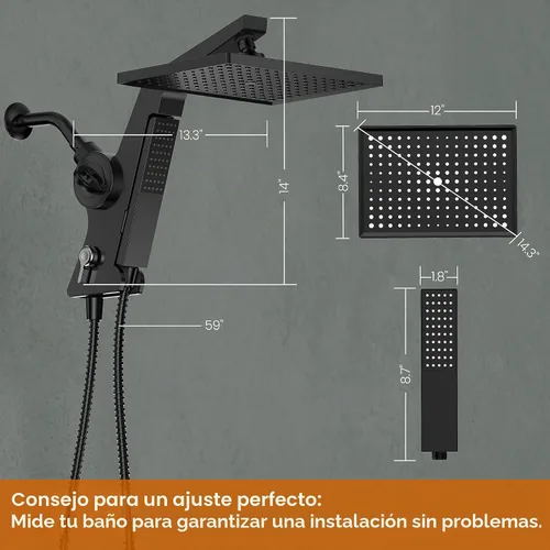 Vista 2 de JDO Cabezal de ducha de lluvia filtrado de 12 pulgadas con rociador de mano Negro mate