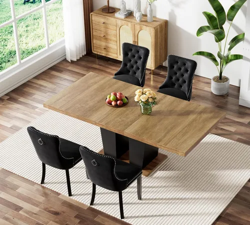 Vista 2 de Juego de mesa de comedor extensible para 4, mesa de cocina extensible de madera de 78.74 pulgadas con 4 sillas de terciopelo negro, juego de mesa