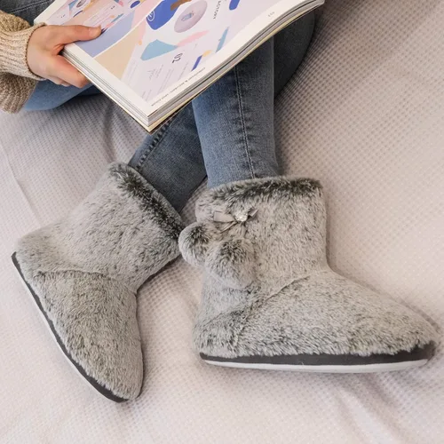 Vista 7 de DL Pantuflas bonitas para mujer, con forro polar mullido, espuma viscoelástica, zapatos de casa, para invierno, con pompones