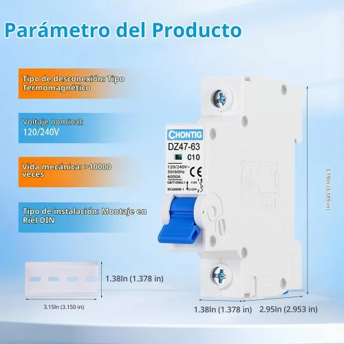 Vista 6 de MCB C10 - Disyuntor miniatura de 1 polo de 1 poste de 10 A, paquete de 2 con montaje en riel DIN, protección de CA de 120 V/240 V para paneles