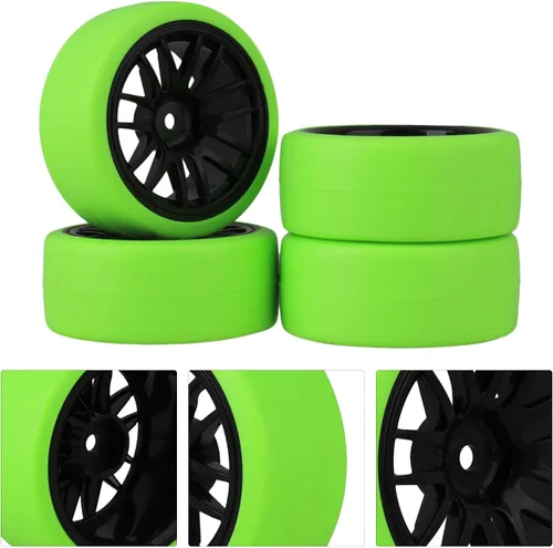 Vista 3 de Mxfans Llantas de plástico negro de 14 radios y neumáticos lisos verdes para RC 1:10 On Road Racing Car Juego de 4