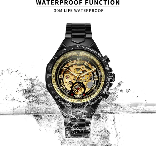 Vista 4 de IK COLOURING Reloj de pulsera mecánico de acero inoxidable con diseño steampunk, de cuerda automática con números romanos, Mecánico, cuerda