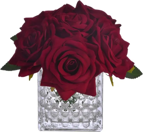 Vista 9 de Arreglo de centro de mesa de rosa artificial de seda en florero de vidrio con luz LED para decoración de bodas en el hogar (Negro)
