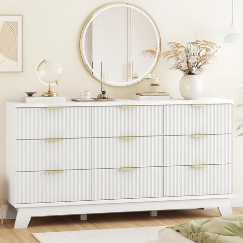 Vista 21 de Cómoda acanalada para dormitorio con 3 cajones, cómoda moderna de 24 pulgadas de ancho con mango de metal, soporte de TV de madera, armario de Negro