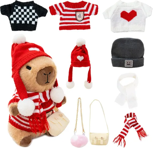 Vista 10 de Capybara - Lindo peluche de peluche para niños y niñas, juego de 10 piezas, 9 prendas y accesorios, juguete de peluche Kawaii, peluche suave