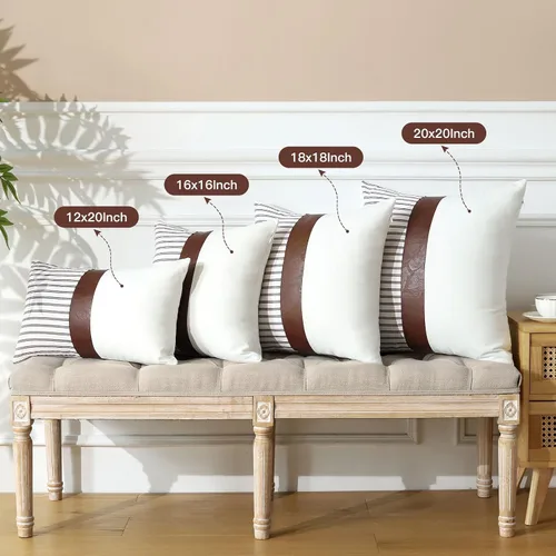 Vista 5 de OTOSTAR Juego de 2 fundas de almohada decorativas de granja de 12 x 20 pulgadas, fundas de almohada modernas de retazos de piel sintética a rayas