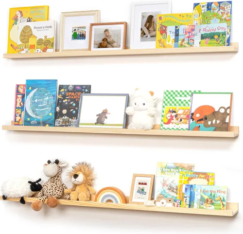 Vista 31 de FLYJOE Estante de repisa de fotos para pared, 24 pulgadas de madera de fresno maciza, estantes para libros de guardería, estantes flotantes