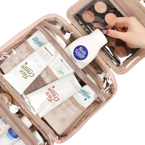 Vista 4 de NISHEL - Neceser de aseo colgante para viaje, organizador de maquillaje, estuche de maquillaje para accesorios de viaje, baño, ducha, Rosado