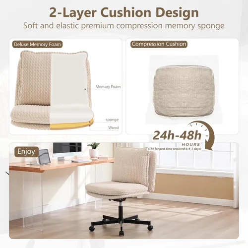 Vista 5 de Fizzin Silla cruzada sin brazos, con ruedas cruzadas, asiento de espuma viscoelástica con cojín de respaldo abatible, silla giratoria de respaldo