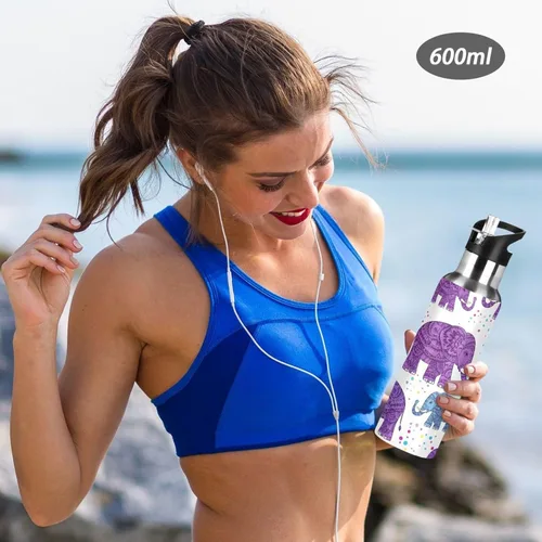 Vista 6 de BPA-Free Sport Water Bottle 32 Oz, Insulated Water Bottle for Gym Outdoor Travel School, Cute Purple Elephants Purple Blue