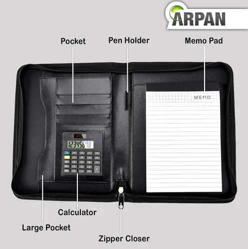 Vista 2 de Arpan Carpeta de conferencia con cremallera A5 de cuero negro con calculadora y almohadilla/cartera ejecutiva