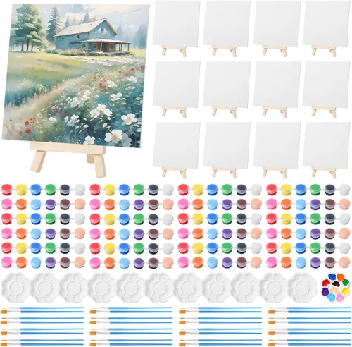 Vista 8 de Qilery Juego de 12 piezas de pintura en lienzo, mini lienzo con caballetes de madera, tiras de pinturas acrílicas, pinceles, paleta, juego de arte