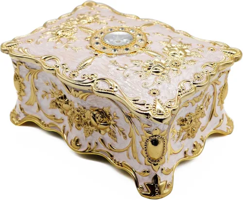 Vista 11 de Caja de joyería de lujo vintage rectangular de aleación de metal con organizador de baratijas y patrón de rosas para mujeres y niñas, diseño de dos