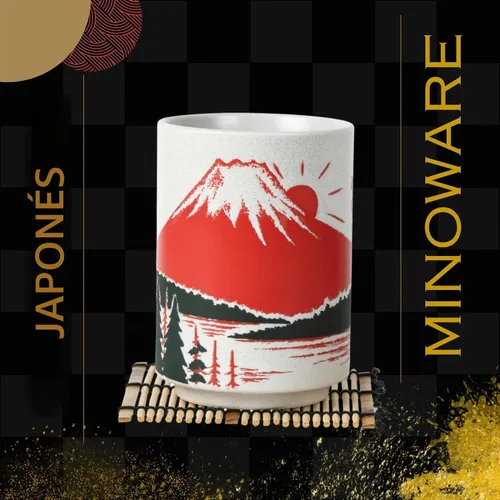 Vista 2 de Tazas de té japonesas Sushi-Yunomi Mino Ware con posavasos de bambú (juego de 2) (Mt. Fuji)